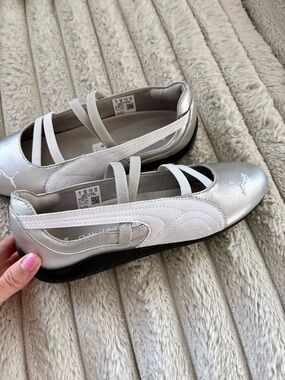 Puma Speedcat Silver Metallic Ballet-Style Flats with White Straps